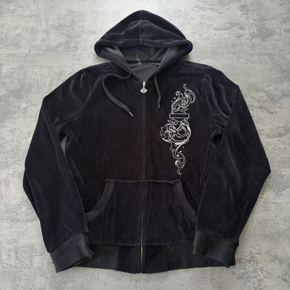 Y2K Harley Davidson Velour Jacket Womens L Black Grunge Logo Rhinestone Hooded